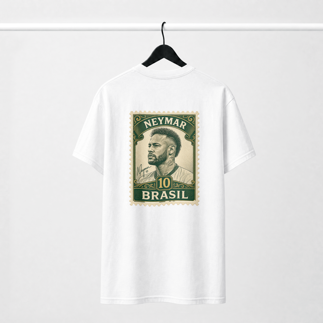 NJR Brasil white tee — back with Neymar postage-stamp print