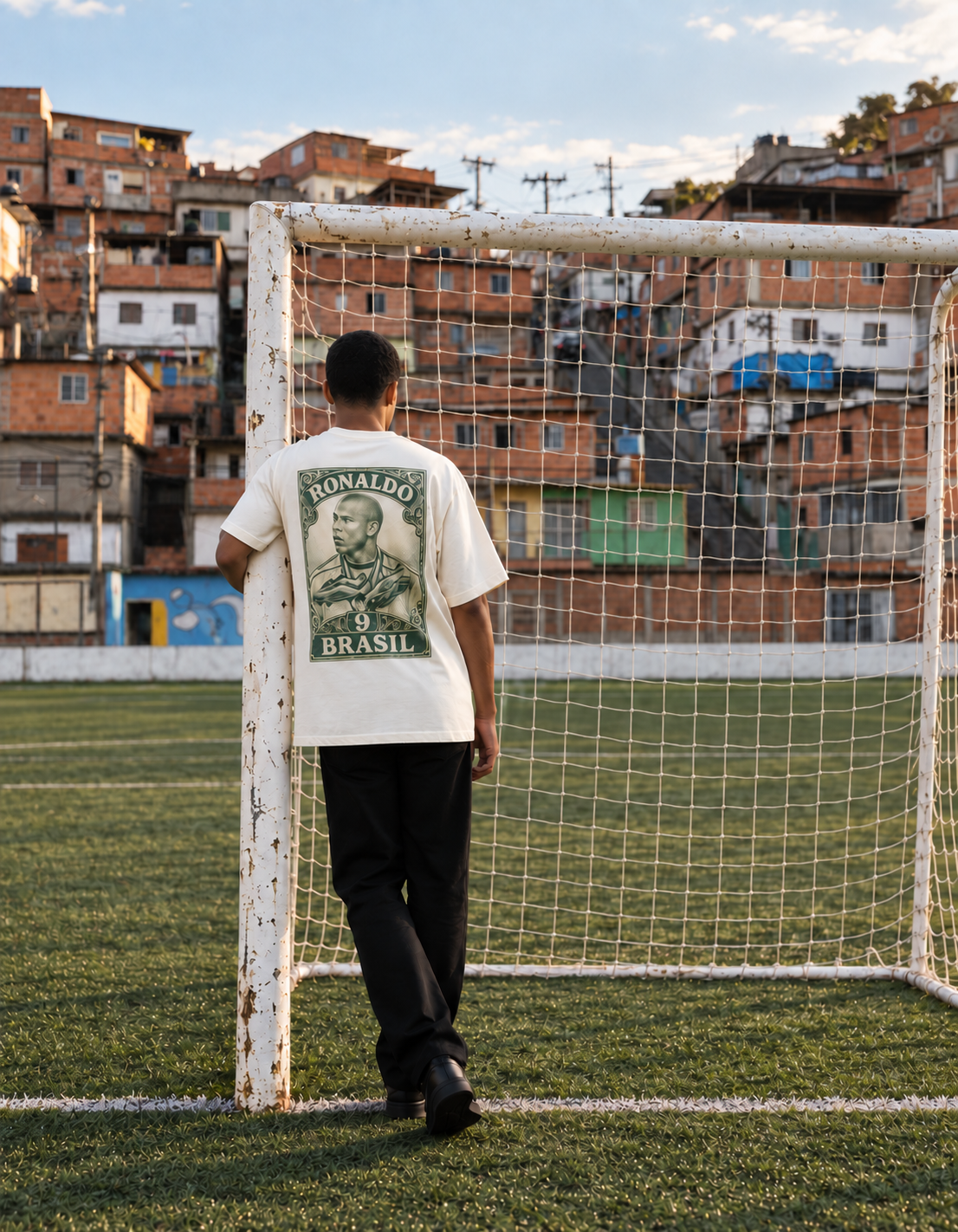 GRITO R9 graphic tee worn on a neighborhood football court