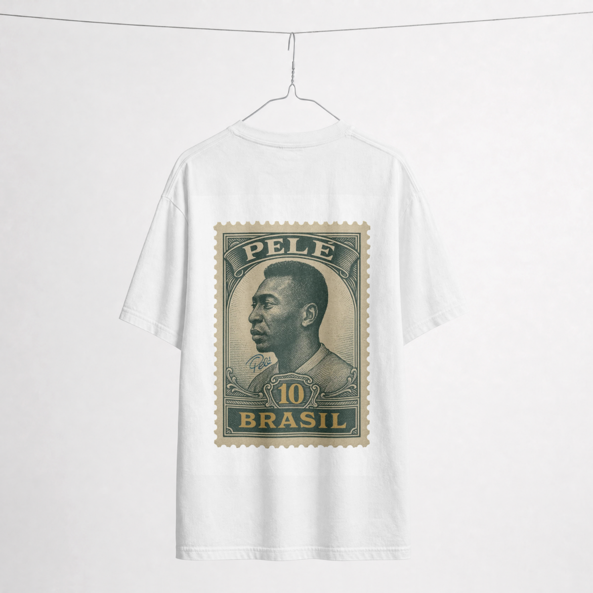 P10 Brasil white tee — back with Pelé vintage banknote print