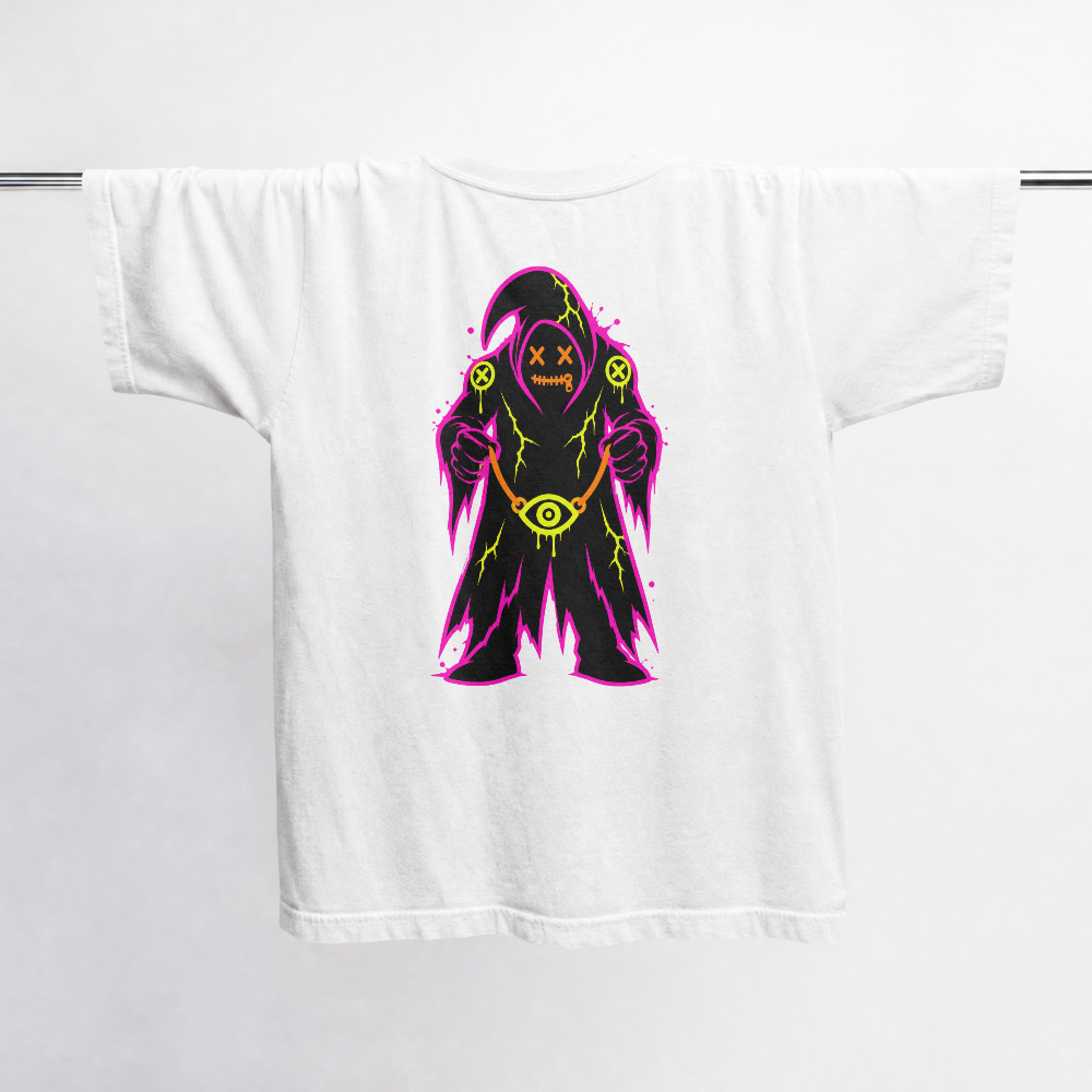GRITO Pink Reaper Tee in white — neon back print