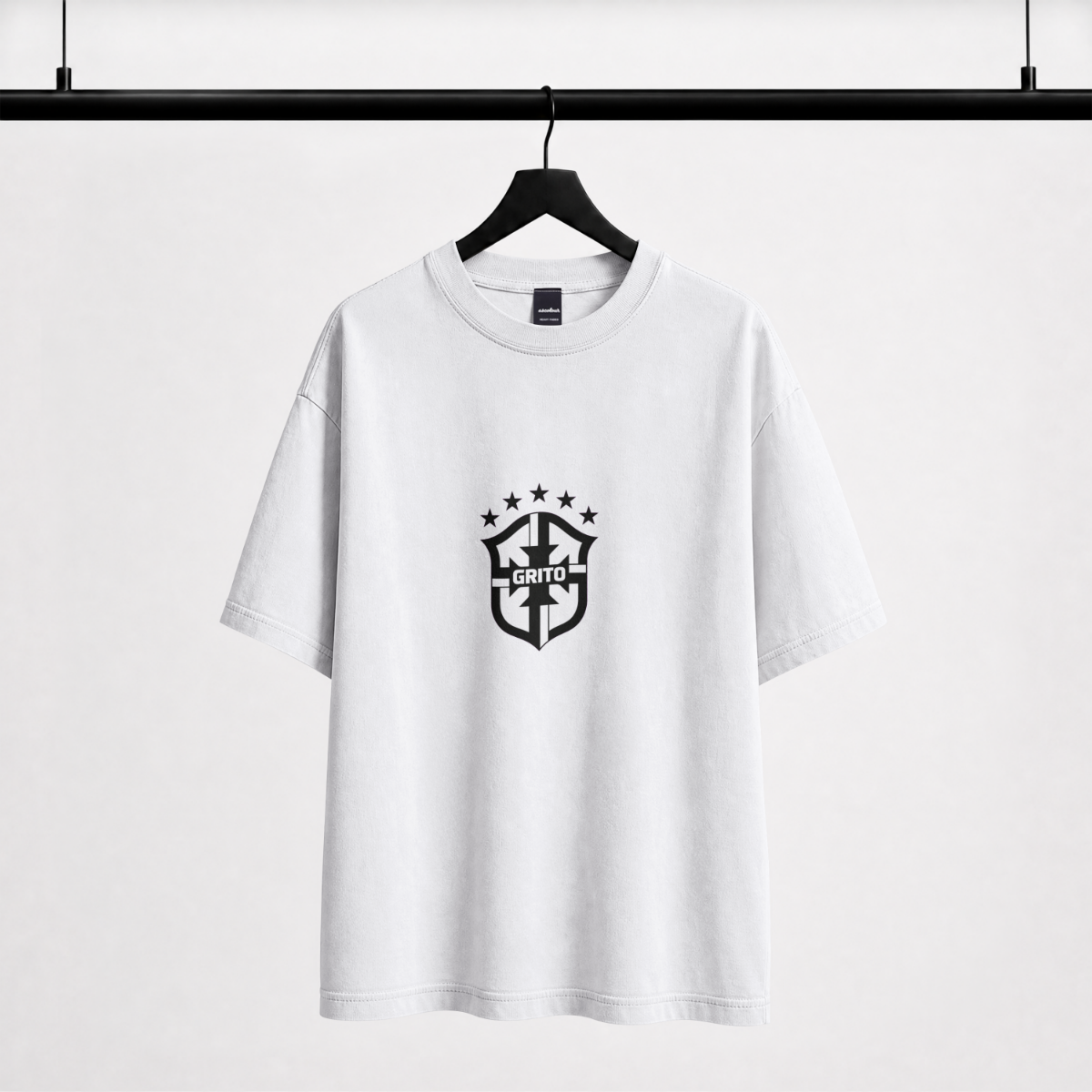 R9 Brasil white tee — front with GRITO crest chest print