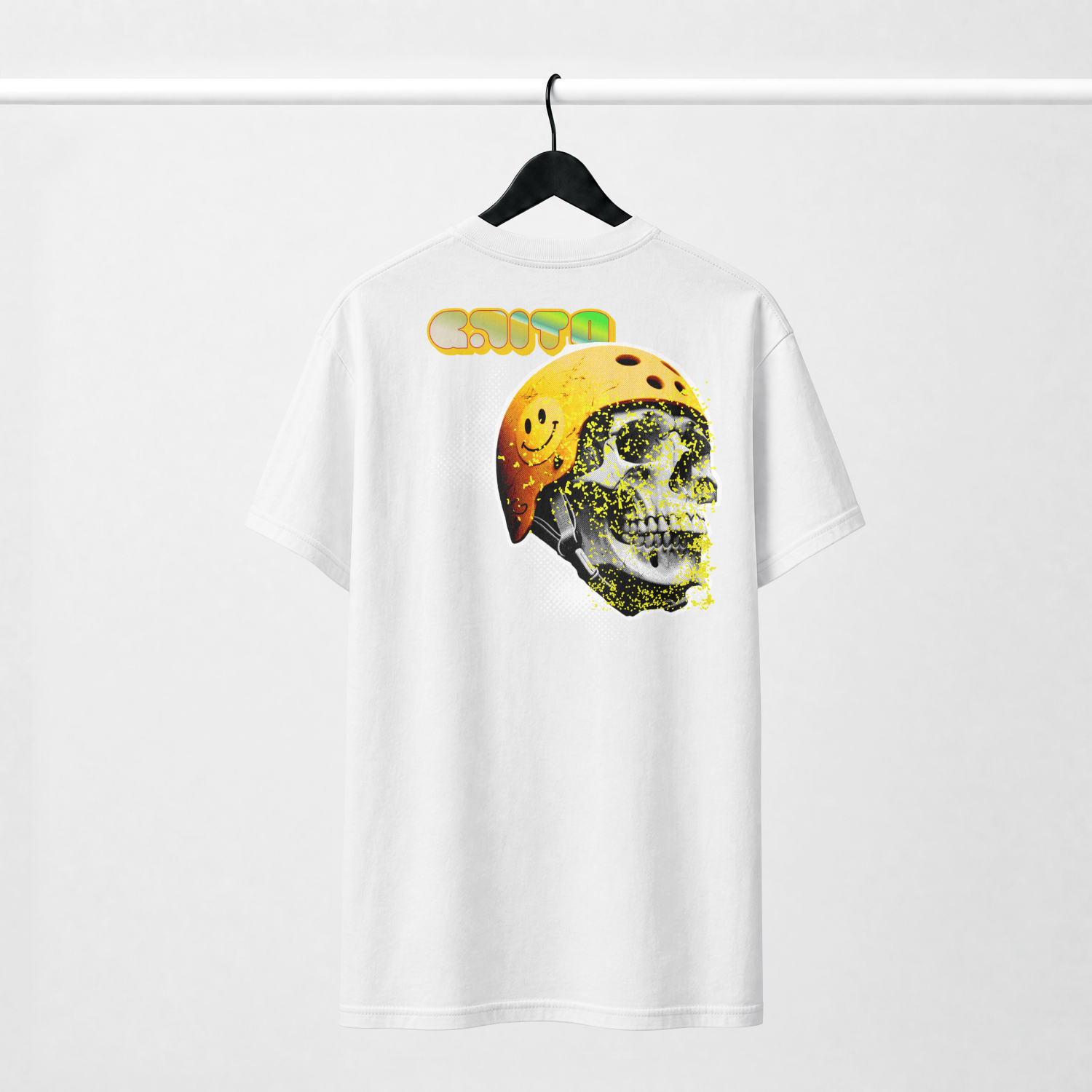 GRITO Acid Moon Tee in white — oversized smiley skull back print