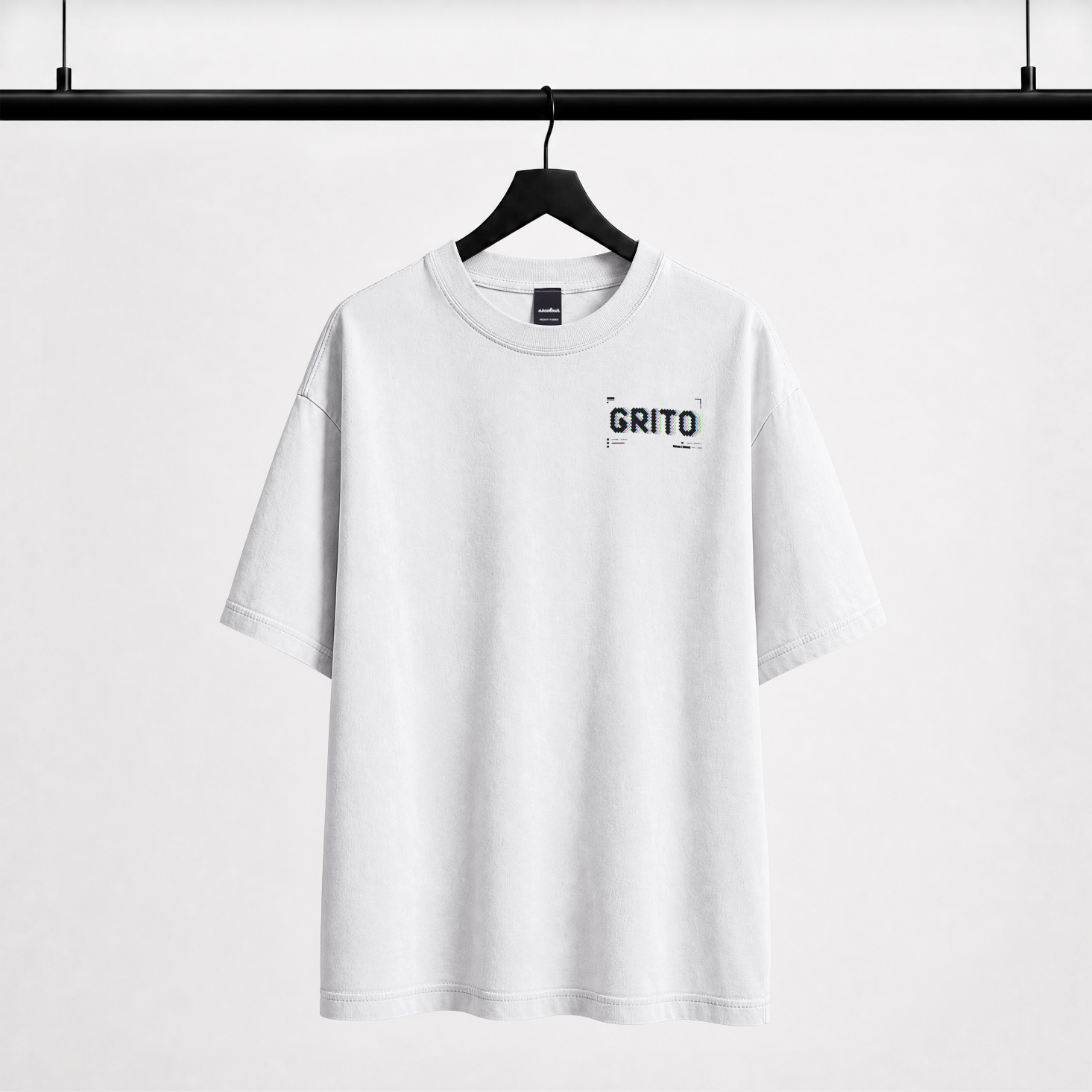 GRITO Glitch Tee in white — front chest print