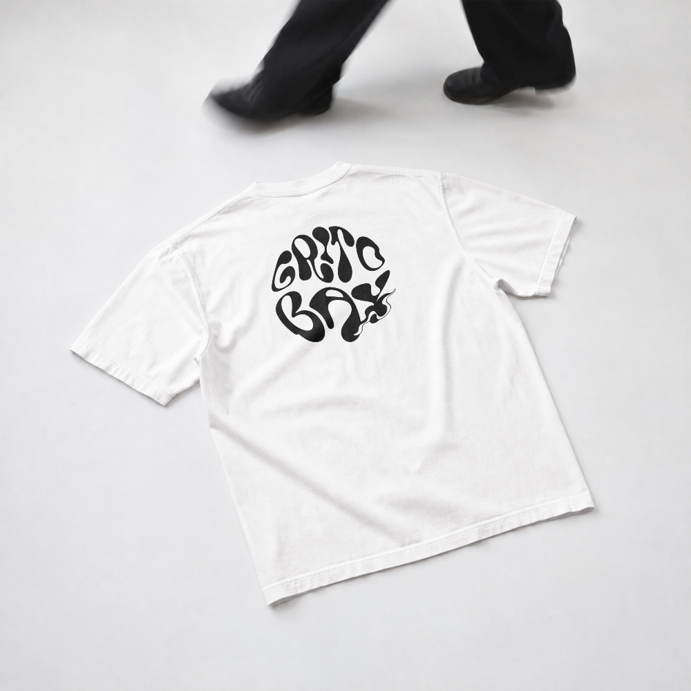 GRITO Bay Tee in white — oversized bubble print on the back