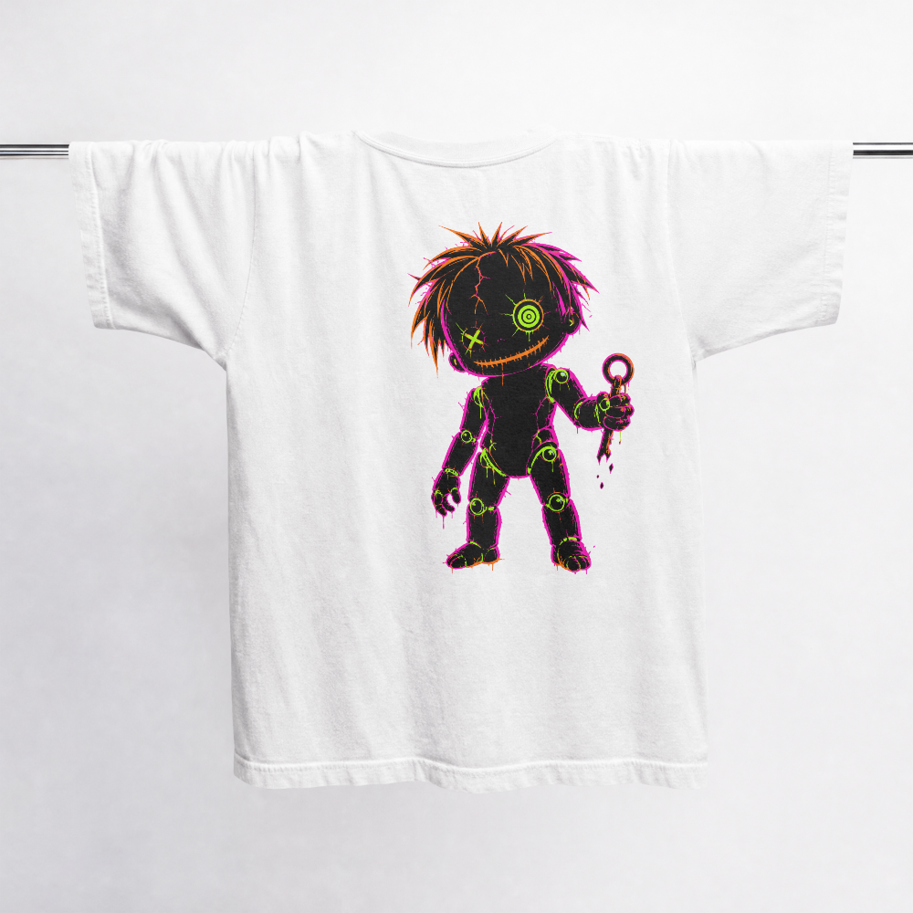 GRITO Voodoo Doll Tee in white — neon back print